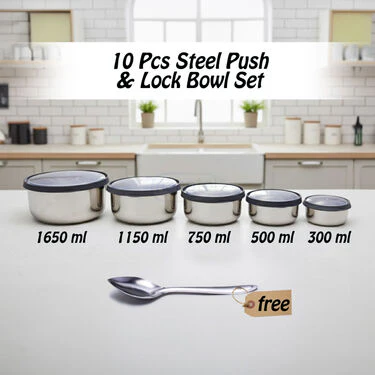 5 Stainless Steel Bowl + 5 Push & Lock Lid with Free Serving Spoon (10PL6) - Image 4