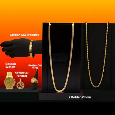 Golden Watch + 2 Golden Chain + Om Pendant + OM Ring + OM  Bracelet (MGW2CBRP1) - Image 2