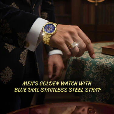 Golden Watch  + Chain + Designer Bracelet + Ring (MGWCBR16) - Image 5