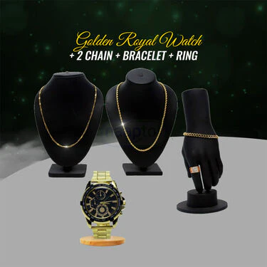 Mens Golden Royal Watch + 2 Chain + Bracelet + Ring (MGW2CBR16) - Image 2